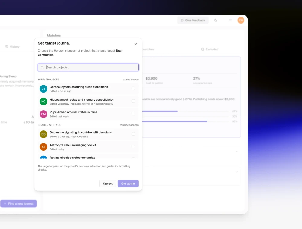 Atlas's set-target dialog: choosing which manuscript project should take Brain Stimulation as its target journal, listing the researcher's own projects and the ones shared with them