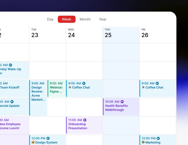 A week of the project calendar, Monday to Friday, with each meeting placed at its hour and colour-coded