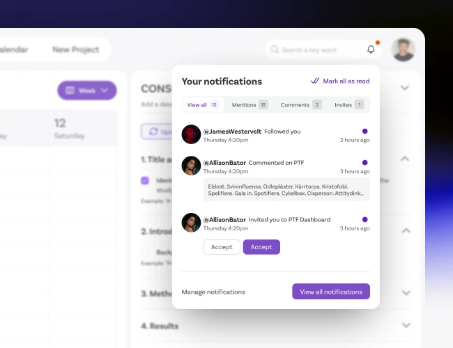 The notifications panel: follows, comments and dashboard invitations, each timestamped, filtered by mentions, comments and invites