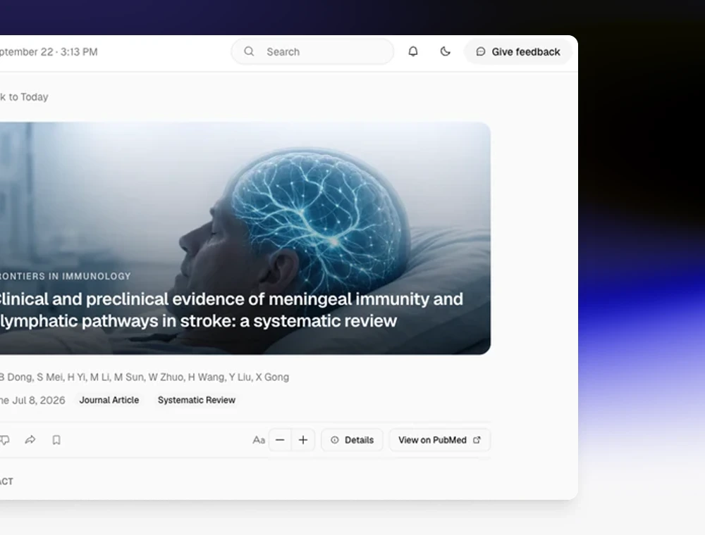 Stream's reader with a systematic review on meningeal immunity and glymphatic pathways in stroke open: its cover image and title, the authors, the publication date and the text-size, details and View on PubMed controls