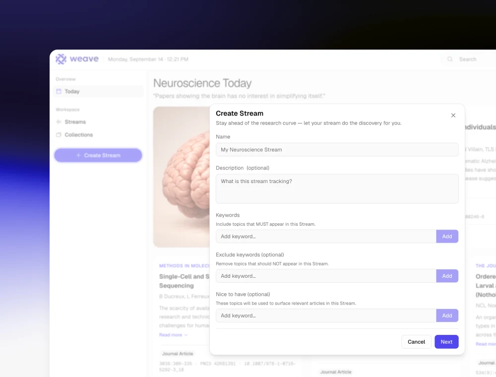 The Create Stream dialog: a name and description above separate fields for required keywords, excluded keywords and nice-to-have terms
