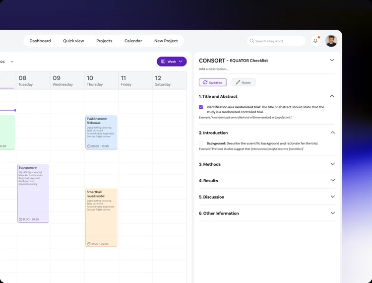 The CONSORT EQUATOR checklist open beside the calendar, its title and abstract section expanded to show the reporting item and an example