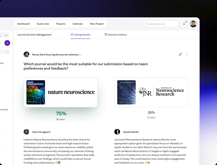 Journal Decision Management: the team's vote on where to submit, Nature Neuroscience at 75 percent against Journal of Neuroscience Research at 25, with each member's reasoning underneath
