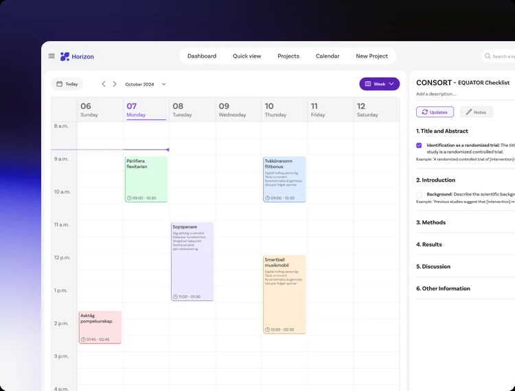 A week of manuscript tasks on the calendar, each block timed and colour-coded, with the EQUATOR checklist docked at the right