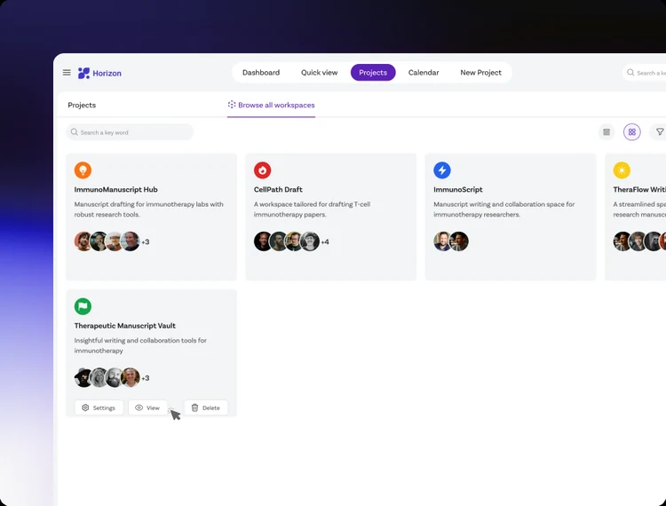 Browse all workspaces: a grid of manuscript workspaces, each with its description and the faces of the people working in it